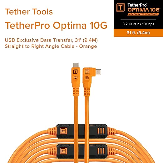TetherPro Optima 10Gbps Gen 2 USB-C, 31' (9.4m), Straight to Right, High-Visibility Orange
