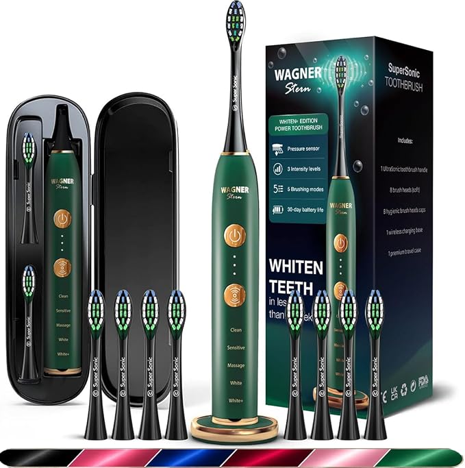Wagner Stern WHITEN+ Electric Toothbrush, 48,000 VPM, Pressure Sensor, 5 Modes, 8 Brush Heads, Travel Case
