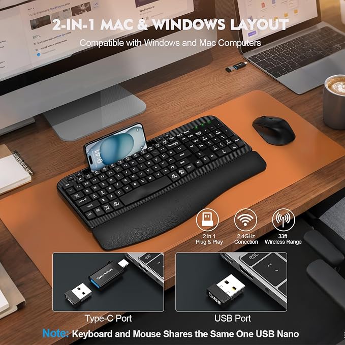 Wireless Keyboard and Mouse Combo, Full-Sized Ergonomic Wave Keys Keyboard with Memory Foam Wrist Rest & Phone Holder, 2.4G Quiet Keyboard Mouse Work Setup for PC Laptop, Office or Home (Black)