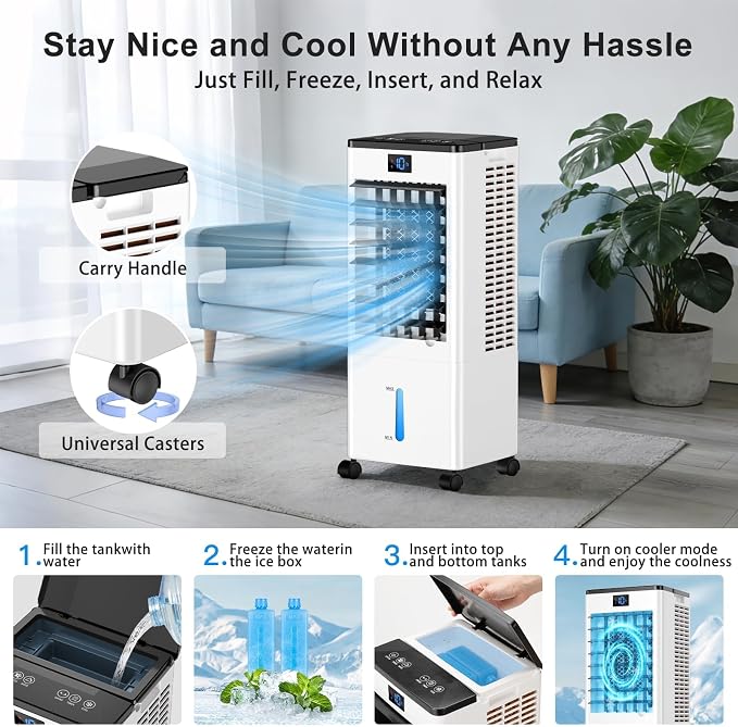 Portable Air Conditioners,3-in-1 Evaporative Cooling Fans that Blow Cold Air, 4 Modes 3 Speeds, 12H Timer & Remote, 120°Oscillation, Windowless Portable AC Swamp Cooler w/ 8L Tank for Home Bedroom