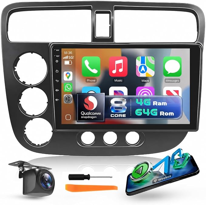 8-Core 4G+64G Car Stereo for Honda Civic 2001-2005, 9-Inch 1280P QLED Touchscreen Car Radio with 5G WiFi Wireless Carplay Android Auto DSP Bluetooth5.1 GPS Navi SWC Backup Camera