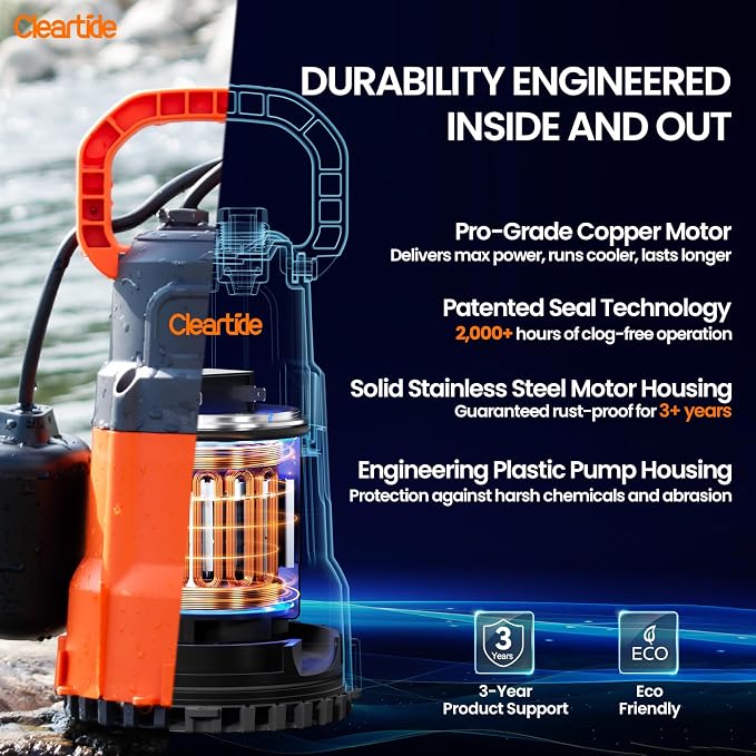 Cleartide Submersible Sump Pump with Float Switch, 1/3 HP 2790 GPH High Flow, Water Pump with Copper Motor, Ideal for Pool, Ideal for Yard and Flooded Cellar, Hot Tub, Garden Irrigation