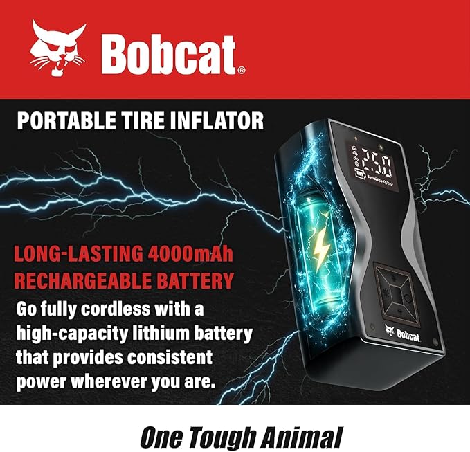 Bobcat Tire Inflator Portable Air Compressor 4000 mAh – 150 PSI - Fast Inflation Cordless Air Pump for Car Tires with Digital Pressure Gauge – Portable Air Pump for Car, Motorcycles, Bikes & Balls