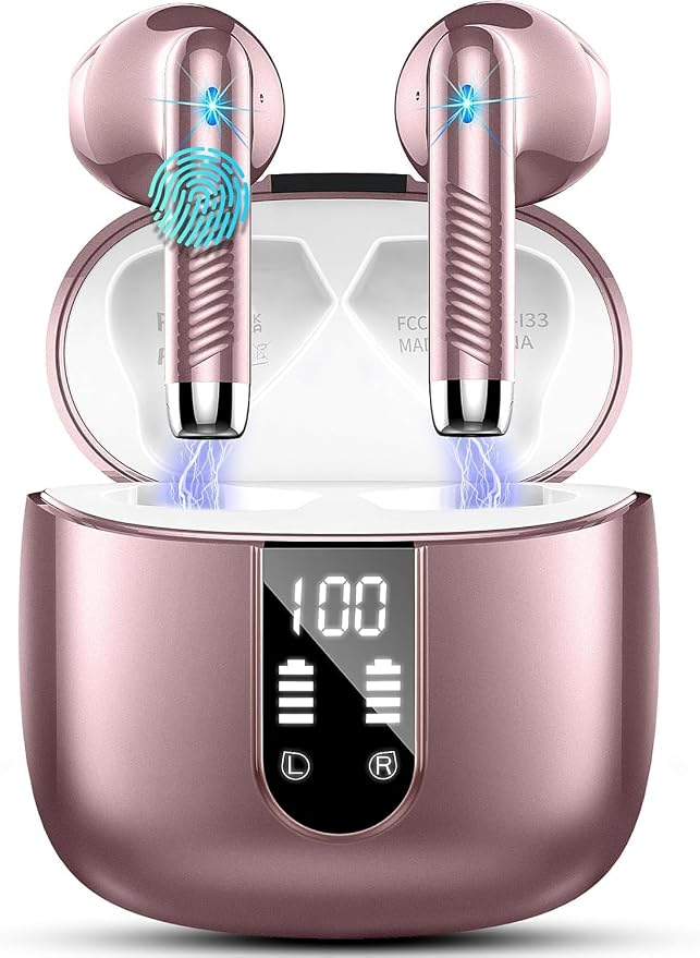 Wireless Earbuds, Bluetooth Headphones V5.4 Stereo Bass Ear Buds with ENC Noise Cancelling Mics,56H Bluetooth Earbuds with LED Display Charging Case, IP7 Waterproof Earphones for Android iOS【Mini】