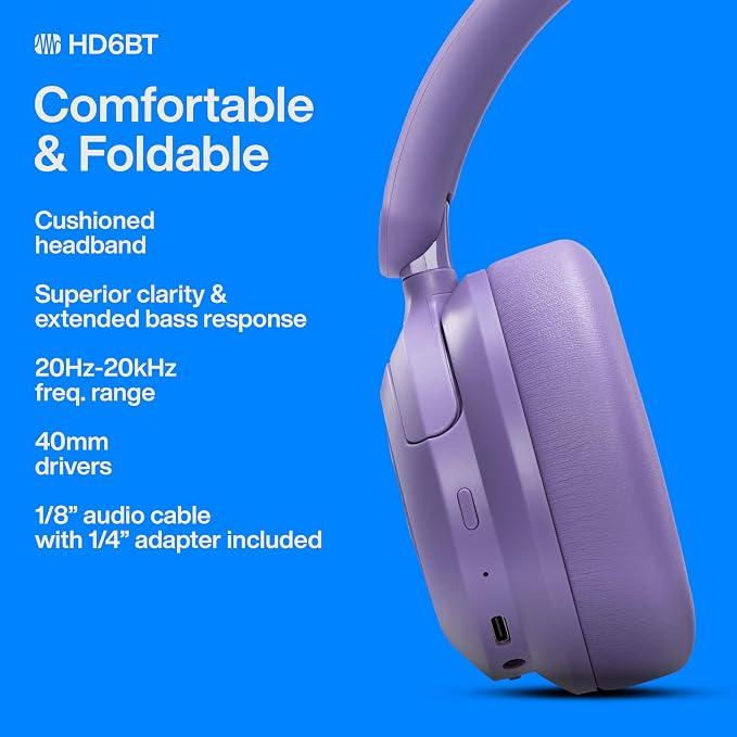PreSonus Eris HD6BT — Over-Ear Closed-Back Wireless Headphones, Bluetooth, ANC Noise Cancelling, Up to 60 Hours Battery Life, Studio Headphones for Mixing, Monitoring, Recording, Mystic Purple