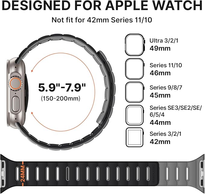 Bandletic Double Magnetic Compatible with Apple Watch Series 11 Band 46mm Men, Rugged Silicone Sport Watchband for iWatch 49mm(Ultra3/Ultra2),45mm(9/8/7), 44mm(SE3/SE2/SE/6/5/4),42mm(3/2/1),Black Gray