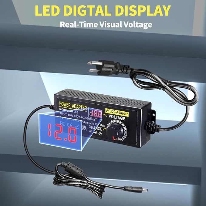 Universal Power Supply Adjustable 3V~12V 12A 144W Variable Switching Power Adapter 100V-240V AC to DC Converter Transformer with 14 Plugs&Polarity Converter,LED Voltage Display3V4V5V6V7V8V9V10V11V12V