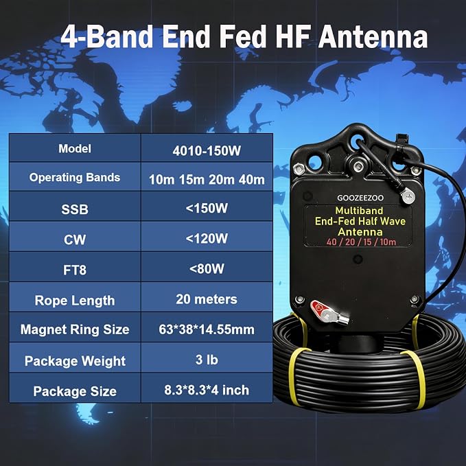 JYR4010-150W End Fed Half Wave Antenna for Ham Radio, 4 Band 10m 15m 20m 40m Long Wire Antenna, 1:64 Balun No Tuning Great for POTA/SOTA