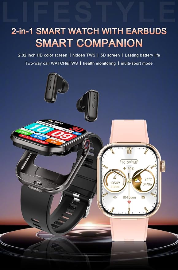 Smart Watch with Earbuds,2.02" HD Screen,2 in 1 Smart Watches for Women,Waterproof Fitness Tracker Watch with Wireless Earphone Compatible for Android iOS with Sports Monitor Sleep