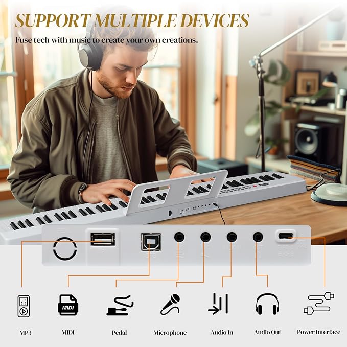 Ktaxon 88 Key Foldable Electronic Keyboard Piano, Semi-Weighted Electric Piano Digital Piano with Dual Bluetooth Mode, 1000 Rhythms, 1000 Tones and 50 Demos for Beginners Adults(White)