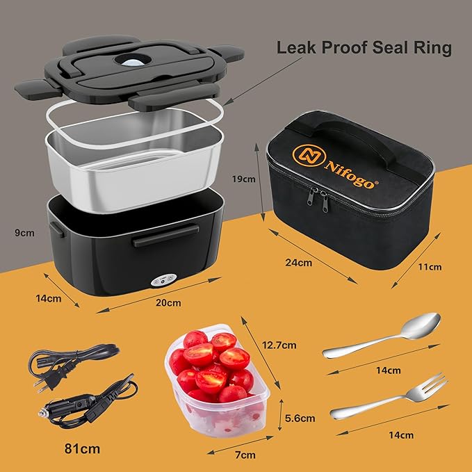 Nifogo Electric Lunch Box for Adults 100W 1.5L Portable Heated Lunch Box for Men 3 in 1 Portable Food Warmer 110V/12V/24V Removable Stainless Steel Container & Big Bag