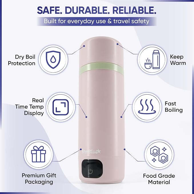 StarBlue Portable Travel Kettle Pink, 350ml, Water Kettle Electric with Global Voltage, 6 Temperature Modes, ℃/℉ Switchable Display, Compact Water Boiler for Home and Office 100-240V 50-60Hz 250-300W