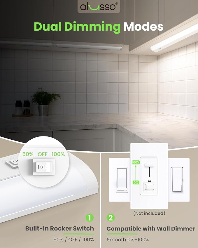 ALUSSO 24 Inch LED Under Cabinet Lighting Hardwired 120V, 5CCT Color Selectable 2700K-5000K Dimmable 15W 1200LM High Brightness, CRI 90+ Strip Linkable Under Counter Lights for Kitchen Sink, 2 Pack