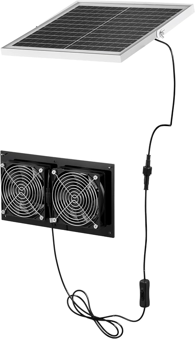 VEVOR Solar Powered Fan, 15W Solar Panel with 2 Fans, Adjustable Solar Panel Angle, 2668 RPM High-Speed, Flexible Installation, Fast Air Exchange for Greenhouse, Grow Tents, Chicken Coops, Shelters