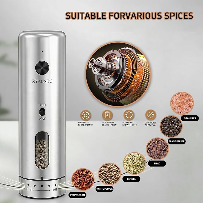Electric Salt and Pepper Grinder Set with Rechargeable Base Upgraded Stainless Steel Automatic Salt and Pepper Shakers,Upgraded 2-Speed Setting,External 6 Adjustable Coarseness with LED Light