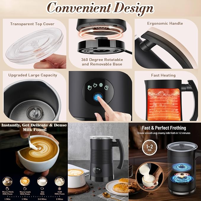 DIY Milk Frother,Large-Capacity Milk Warmer,11.9oz/350ml Electric Milk Steamer,Hot/Cold Stainless Steel Milk Frother,4 in 1 LED Touch Screen Milk Foam Maker for Coffee/Hot Chocolate/Latte/Cappuccinos