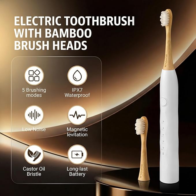 Electric Toothbrush with 4 Bamboo Heads, Bamboo Electric Toothbrush for Adults, Soft Castor Oil Bristles, 5 Modes, Smart Timer, Sonic Technology, IPX7 Waterproof, 60-Day Battery Life-White