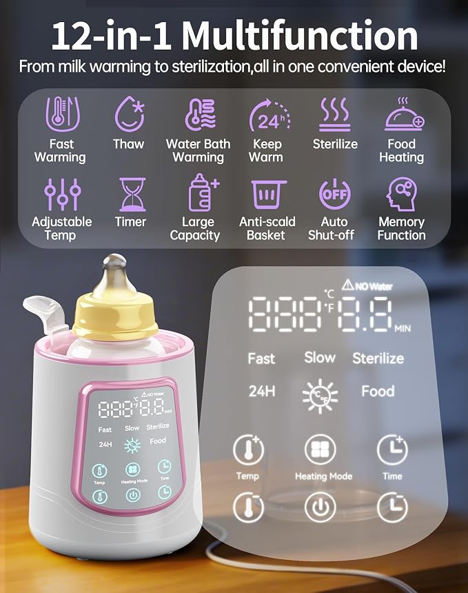 12 in 1 Fast Baby Bottle Warmer with Even Heating No Hot Spots, Night Mode, Sterili-zing,Constant Temp Milk Warmer for Breastmilk & Formula, Fits All Bottles Pink