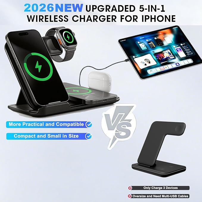 5 in 1 Wireless Charging Station for Multiple Devices, Premium Fast Charging Stand for Apple Samsung Android, Dual Phone Dock with USB Port for Desk Nightstand