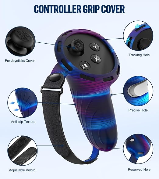 Silicone Cover Set Compatible with Oculus/Meta Quest 3, Touch Controller Grips Cover, VR Shell Cover, Facial Interface Cover, Protective Lens Cover, Tempered Glass Lens Caps (Aurora Blue)