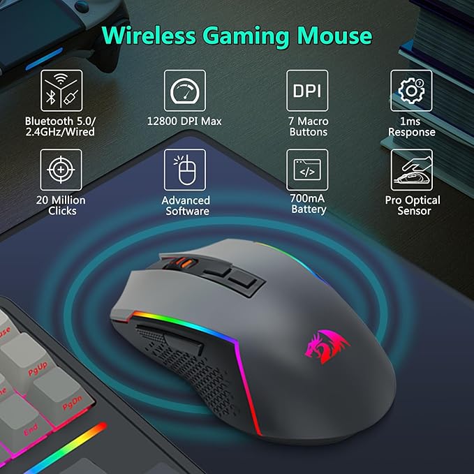 Redragon Wireless Mechanical Keyboard and Mouse Combo, Bluetooth/2.4Ghz/USB-C Wired, RGB Backlit, TKL Creamy Gaming Keyboard with Hot Swappable Linear Switches + 12800 DPI Gamer Mouse