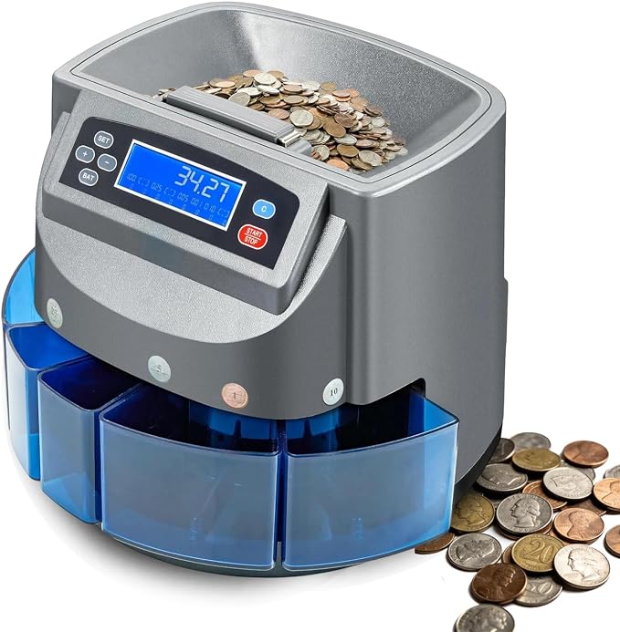 Coin Counter Machine,Coin Sorter Machine with LCD Display,Electric Coin Sorter Sort 270 Coins/Minute,500 Coins Capacity Automatic Change Counter,Applicable for Coins 1¢, 5¢, 10¢, 25¢, 1 Dollar