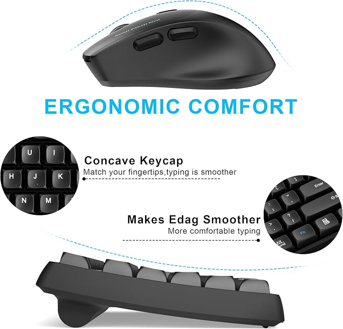 Wireless Keyboard and Mouse Combo,2.4G Full Size Wave Keys Ergonomic Keyboard with Wrist Rest for Natural Typing, 3 DPI Adjustable Ergonomic Mouse for Computer/Laptop/Windows/Mac (Black Graphite)