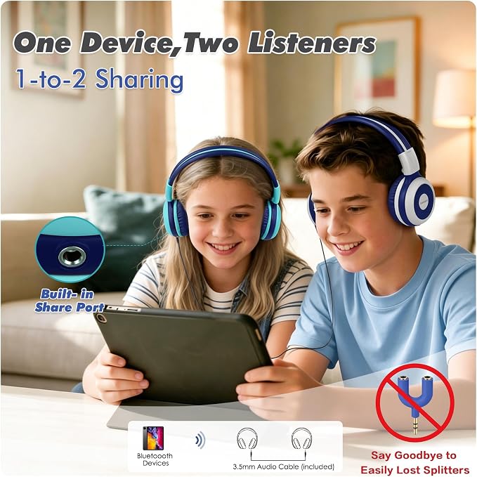 SIMOLIO 2 Pack Wireless Kids Headphones with Share Port, 75/85/94dB Volume Limiting, HD Mic, USB C Charging, Foldable Headphones with Travel Case for iPad Tablet School Airplane Boys Girls