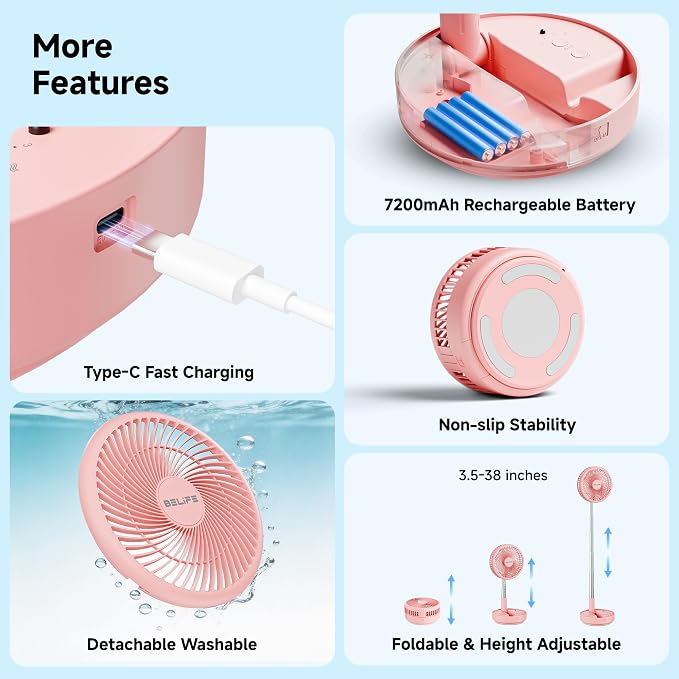 Belife X8 Portable Fan, 7200mAh Battery Powered Rechargeable, Oscillating USB Desk Floor Fan with Remote, Foldable Telescopic Fan for Home Bedroom Sleeping Office Camping Travel, 7.7" (Pink)