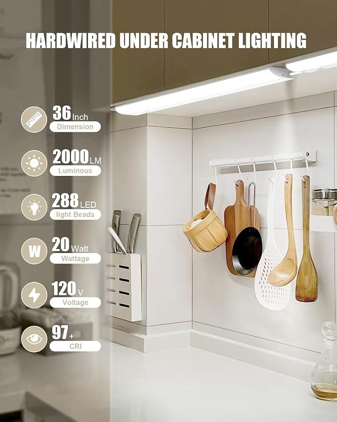 Under Cabinet Lighting Hardwired & Plug-in, 36 inch 3CCT Dimmable Linkable Under Counter Lights for Kitchen,with Power Cord and Linked Cord, CRI 97, 120V,20W,2000Lm, White