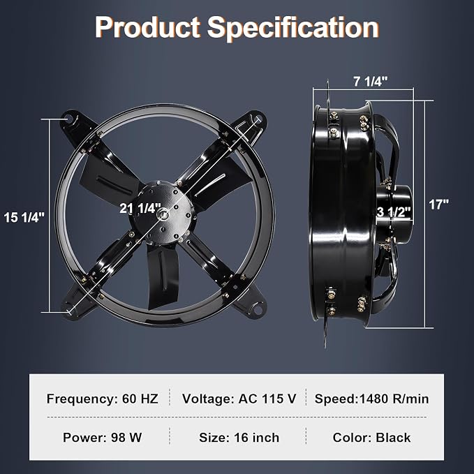 Hiorucet 16 Inch Wall Mounted Attic Gable Vent Fan with Adjustable Temperature Thermostat Control, 60HZ, 115V, 1480R/min, 98W, Gable Mount Vent Attic Fan with Pure Copper Motor, High Speed Low Noise
