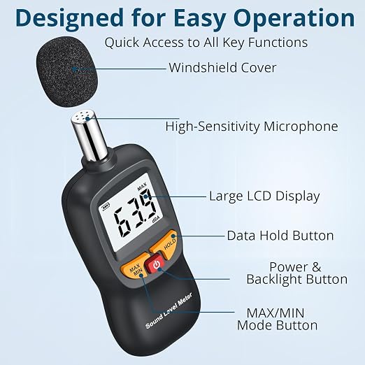 Digital Decibel Meter 30-130dB,A-Weighted Sound Level Tester with Hold Function & Backlit LCD,Portable Noise Monitor for Home,Apartment & Office