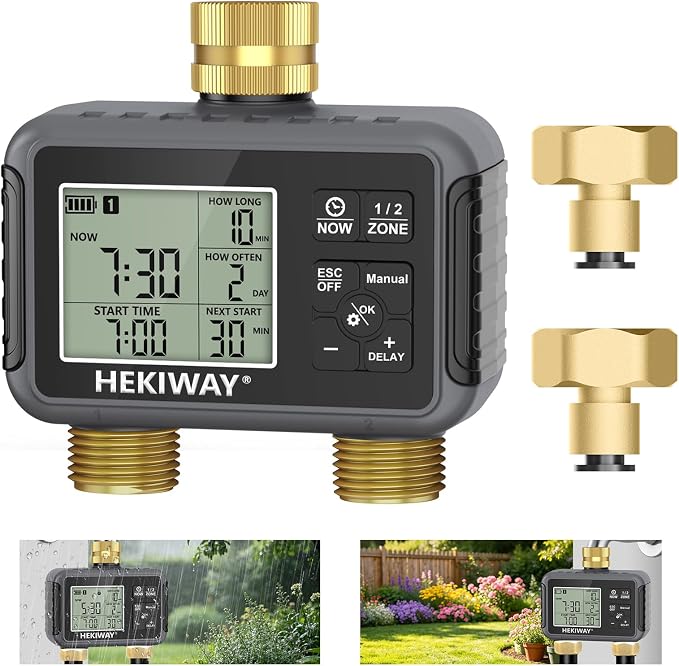 Dual Outlet Water Timer for Garden Hose with 2 Brass Connectors, Programmable Irrigation Controller with Rain Delay & Child Lock for Lawn, Yard, Drip Irrigation, Greenhouse