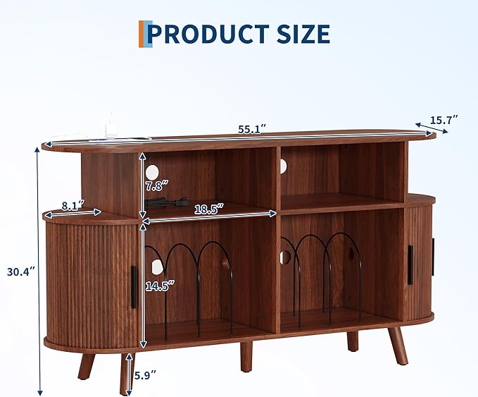 Garvee 55'' Fluted Mid Century Modern Turntable Cabinet with Vinyl Storage, Large Round Record Player Stand with Charging Station and Display Shelf, Arched Wood Record Player Table for Living Room