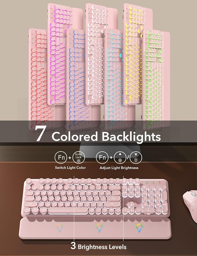 Wireless Keyboard and Mouse Backlit - Pink Typewriter Keyboard with Magnetic Wrist Rest, Retro Round Keycaps, Light Up Letters, 2.4GHz Cordless Combo for Windows, PC, Laptop, Trueque [Upgraded]
