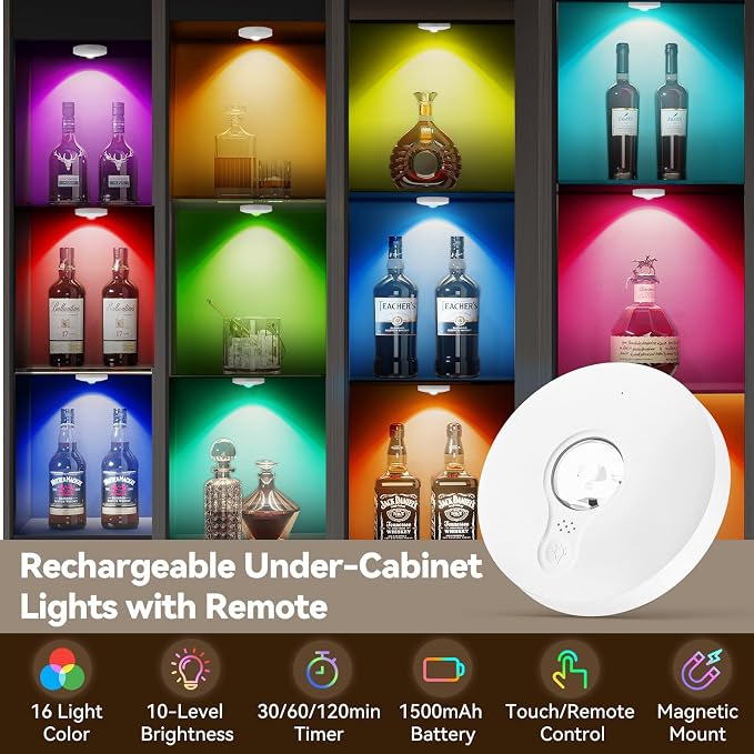 Rechargeable Puck Lights with Remote, 3 Pack Magnetic Under Cabinet Lighting, 1500mAh Battery Operated LED Tap Lights with Dimmer & Timmer for Kitchen, Closet, Shelf - 3 Color Temps & 12 RGB, White