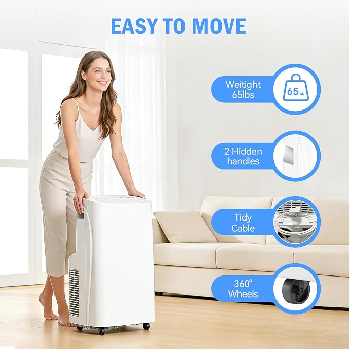 16000 BTU Wi-Fi Smart Portable Air Conditioner with Heat, 4-in-1 Cool/Dehumidify/Fan/Heat Portable AC, Cools Up to 800 Sq.Ft, Remote Control & 360° Universal Wheels for Large Room, Home & Office