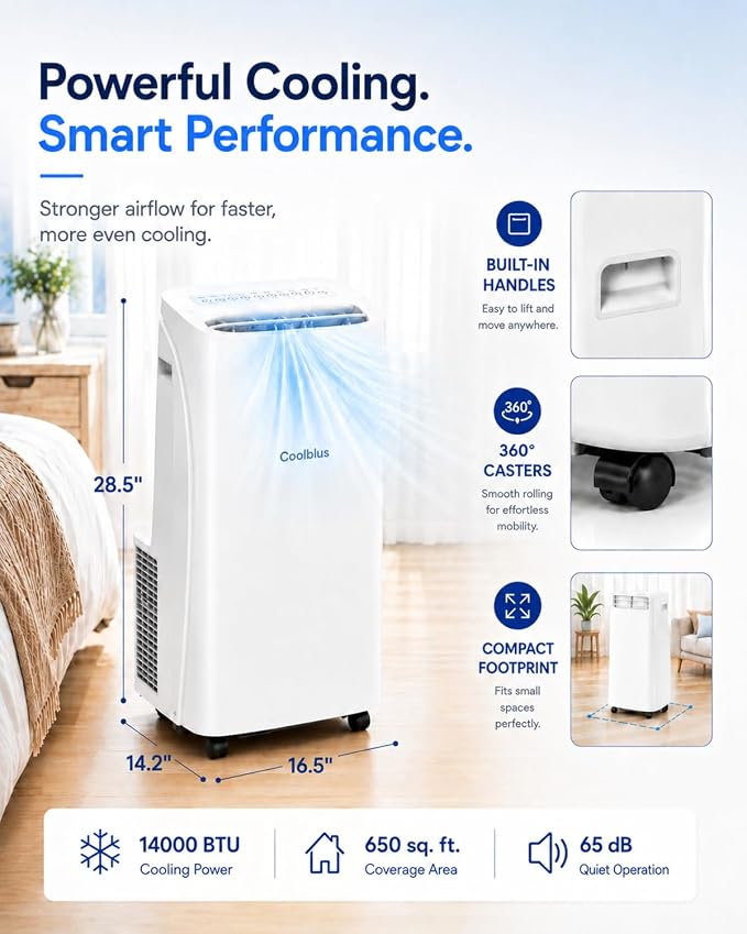Coolblus Portable Air Conditioners 14000 BTU, 4 in 1 Portable AC Unit with Cool/Dehumidify/Fan,Wi-Fi Smart Quiet AC Cool Up to 650 Sq.Ft, Remote Control, Auto Swing, White-14000BTU-WIFI
