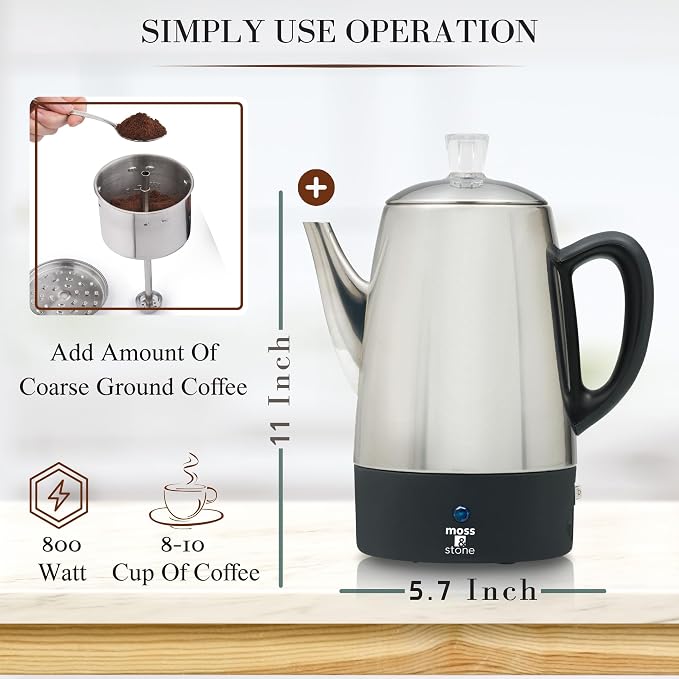 Moss & Stone Percolator Coffee Pot Electric 10 Cup, Stainless Steel Coffee Maker. With Keep Warm Function, 10 Cups Stainless Steel Percolator With Coffee Basket