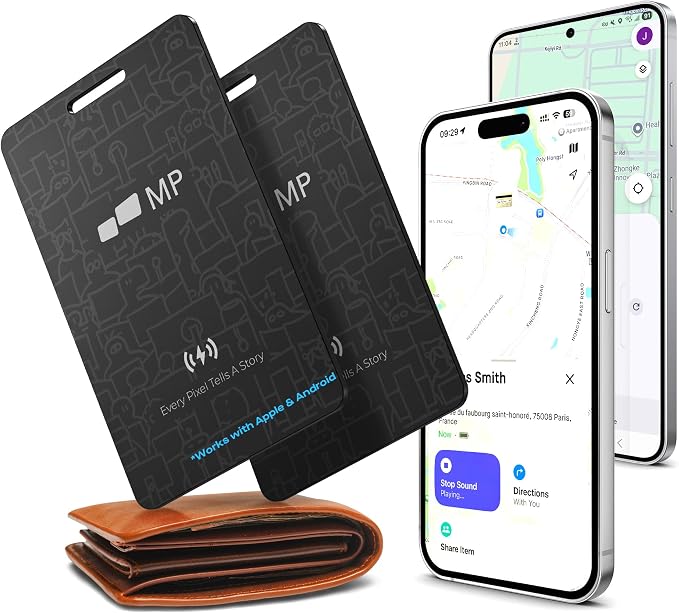 2026 Mobile Pixels Wallet Tracker Card, Works with (iOS and Android), Ultra Slim Rechargeable Bluetooth Tracker, Tracker Key Finder, Portable Item Locator for Wallet, Bags, Luggage (2- Pack)