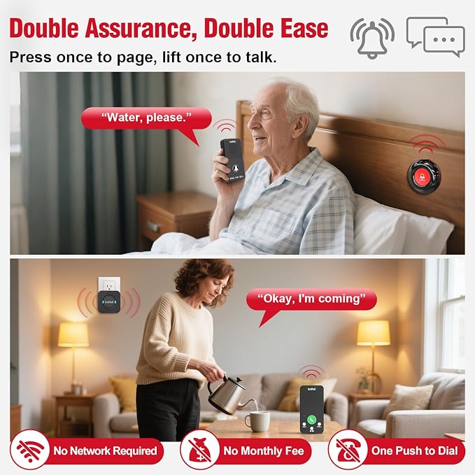 CallToU Caregiver Pager with Wireless Intercoms, 1 Call Button & 1 Plug-in Receiver, Call Button for Elderly at Home, Two-Way Talk System for Seniors, 500+ ft Open-Area Range, No WiFi, No Monthly Fee