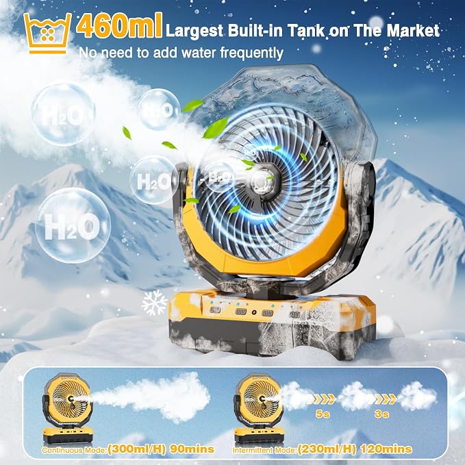 Portable Misting Fan, 36000mAh Rechargeable Battery Powered Camping Fan with 460ml Tank & 6.6ft Mist, 4 Speeds 2 Light Modes for Outdoor Patios Travel Jobsite Beach Summer Essentials - Yellow