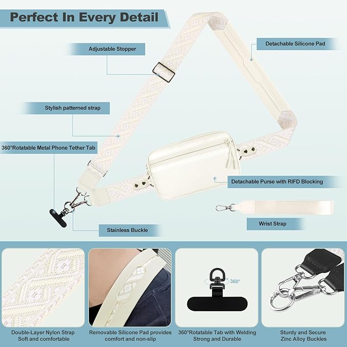 YFWE Clip and Go Strap for Phone with Wallet Crossbody, Adjustable Phone Lanyard with Detachable RFID Wristlet Wallet, Pattern Strap - Cream (L)