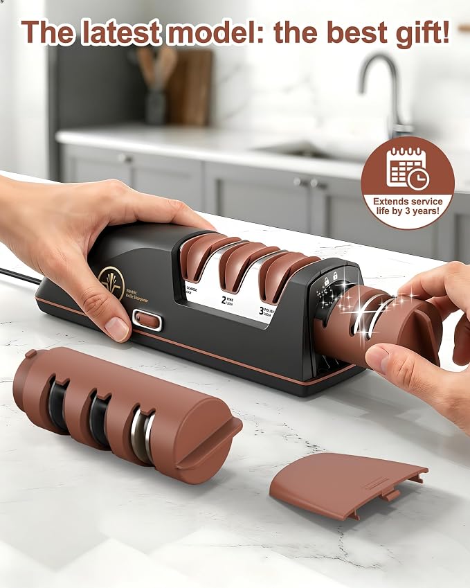 Electric Knife Sharpener with Replaceable Sharpening Head Easy to Change, 3-Stage & 15° Precision Angle Diamond Sharpening System for Metal Knives, Ceramic knives, Exquisite Gifts and Packaging