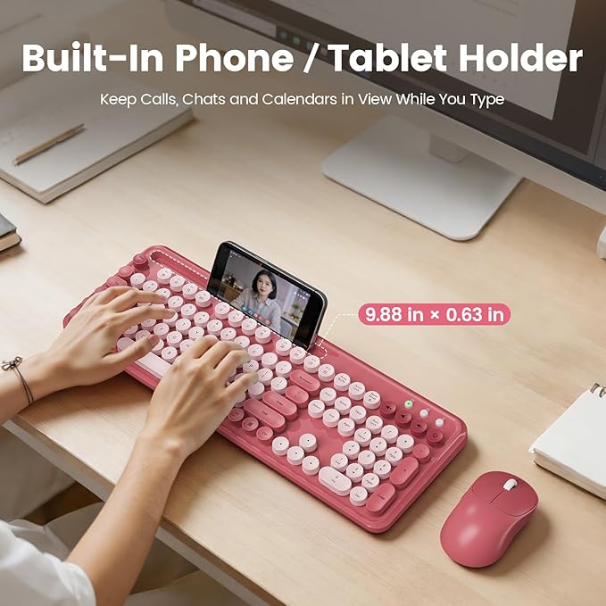 Wireless Keyboard and Mouse Combo, Retro Round Keycaps, Full-Size Stylish Typewriter Keyboard with Large Phone/Tablet Holder, 3-Level DPI Ergonomic Mouse, 2.4GHz Cordless for Windows PC, Rose Pink