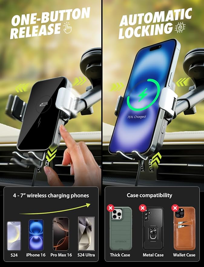 Bracketron PwrUp 15W Qi Fast Wireless Car Charger Mount – Dashboard, Windshield & Air Vent Phone Holder with Automatic Clamping, USB-C Cable, and Telescoping Arm