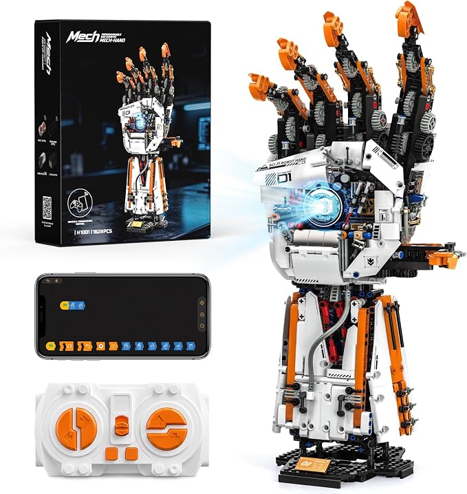 HIGH GODO Technical Mechanical Hand Building Set, STEM Programmable Bionic Robotic Arm Building Kit with Light, Remote Control and App Controlled, Cyber Style Mechanical Set for Adults (1628PCS)