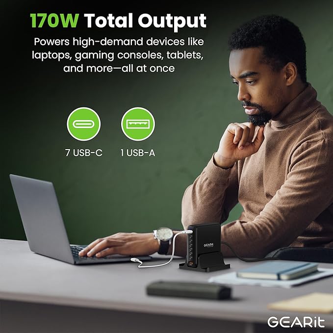 GEARit 8-Port 170W GaN Charger - USB Fast Charging Station and Power Hub for Multiple Devices - Multiport Charging Station with 7 USB C and 1 USB A - Powers Up to 8 Devices
