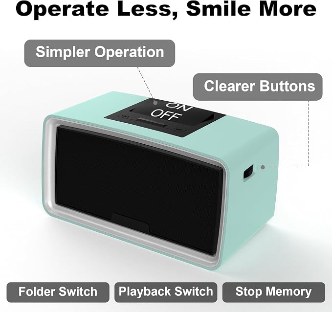Simple Music Player for Elderly, Easy Audiobook Player with 32GB TF Card & Card Reader for Dementia, Alzheimers, Visually Impaired, Low Vision Patients, Wired - Cyan