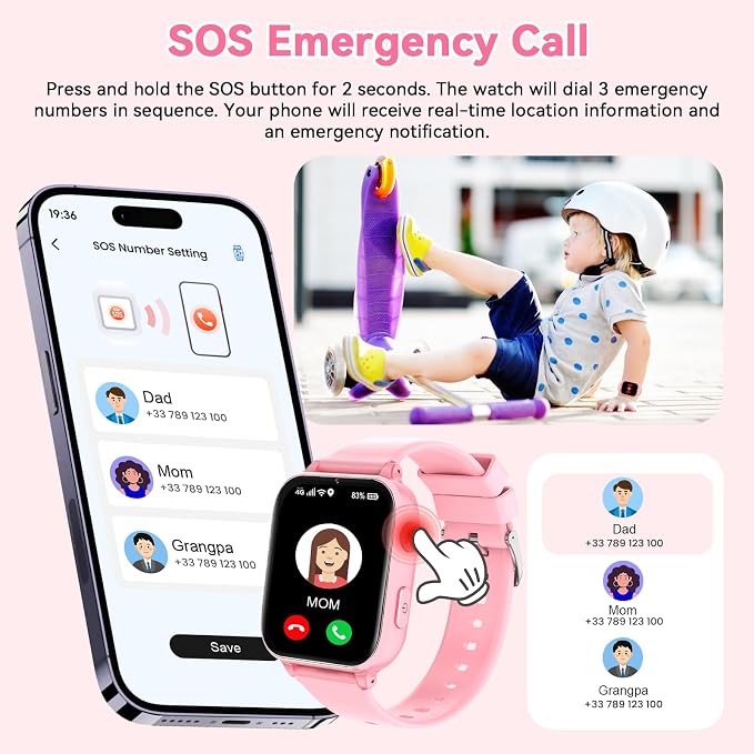 4G Kids Smart Watch Phone GPS, Smartwatch for Boys Girls Ages 4-12 Years with Video Call Chat Class Mode SOS Camera Alarm Games Parental App Touch Watch Gifts for Children (Includes SIM Card) Pink